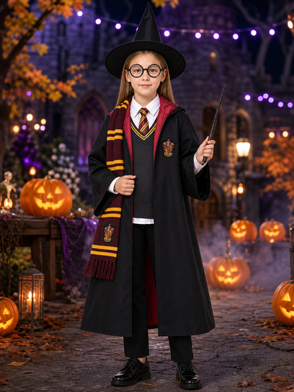 Wizard Robe Costume Set, Academy-Style Hooded Cloak With Hat, Tie, Scarf, Wand & Costume Capes detail 2