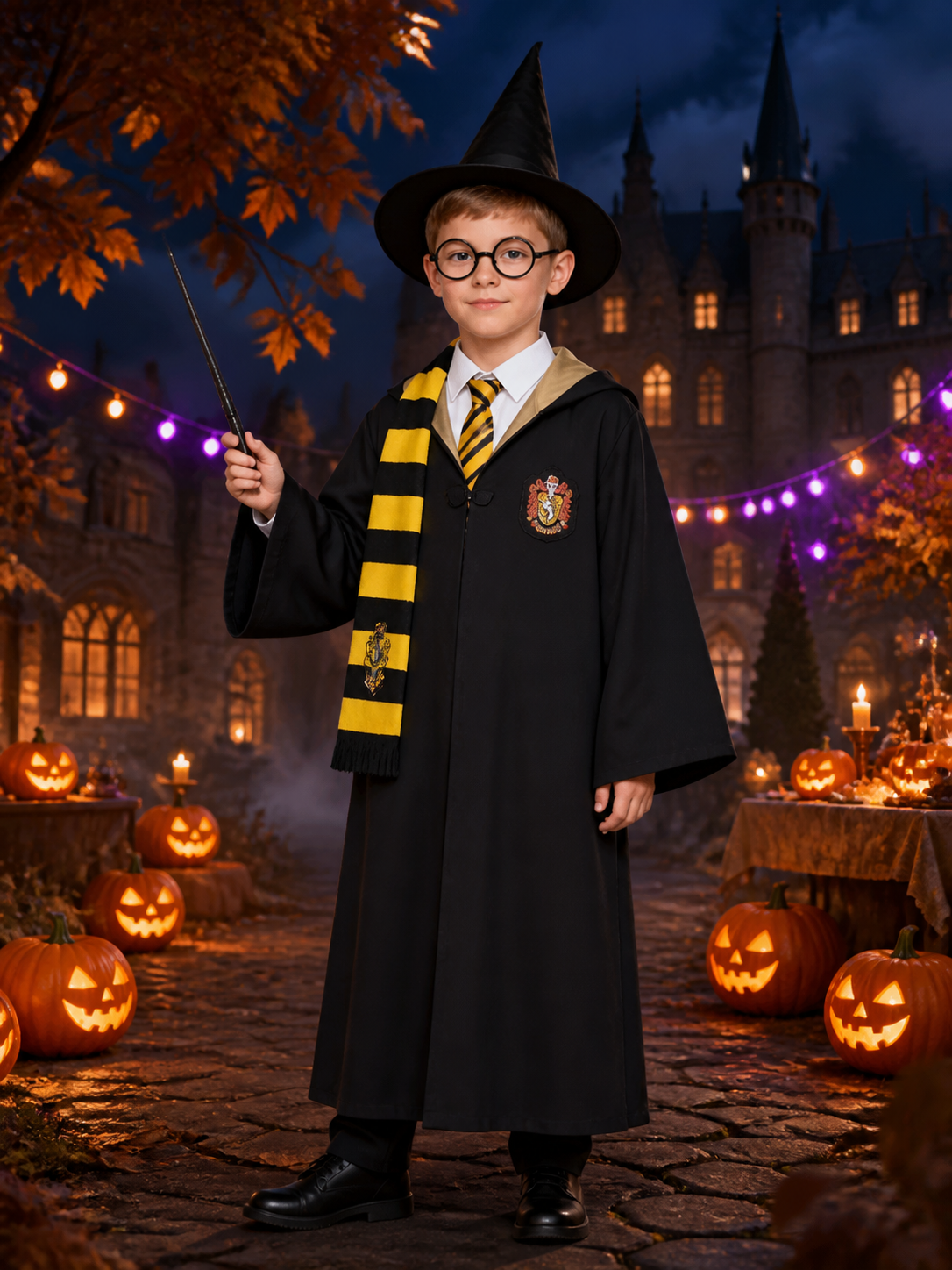 Wizard Costume Set, Hooded Robe With Shirt, Tie, Scarf, Hat, Glasses And Wand Costume Headwear detail 2