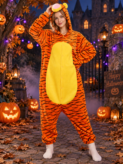 Orange hooded one-piece pajama with stripes