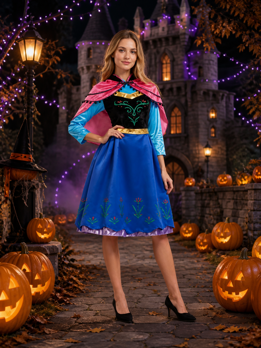 Anna Style Princess Costume Dress, Blue Floral Print Cape Gown with Gold Belt Costume Dresses detail 2
