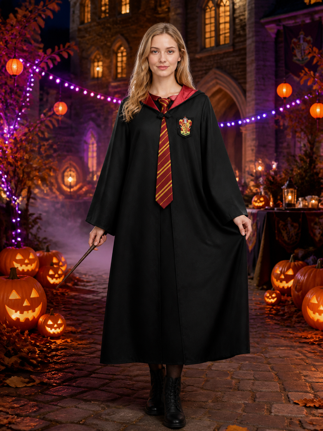 Unisex Wizard Robe Costume Set with Tie, Black Hooded Halloween Outfit Costumes detail 2