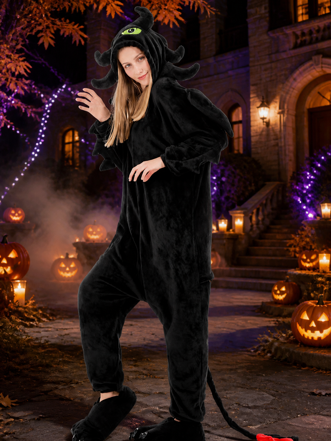 Black Dragon Hooded Full-Body Jumpsuit Costume With Horns And Tail Costumes detail 2