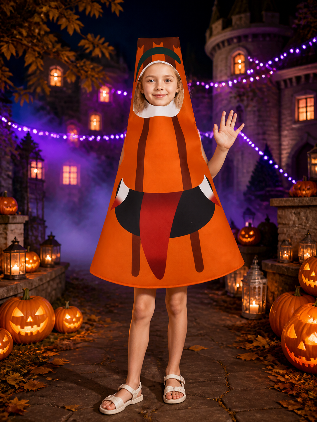 Mona Lisa Cosplay Costume, Hooded Cone-Shaped Jumpsuit with White Face Opening on-model Halloween scene view