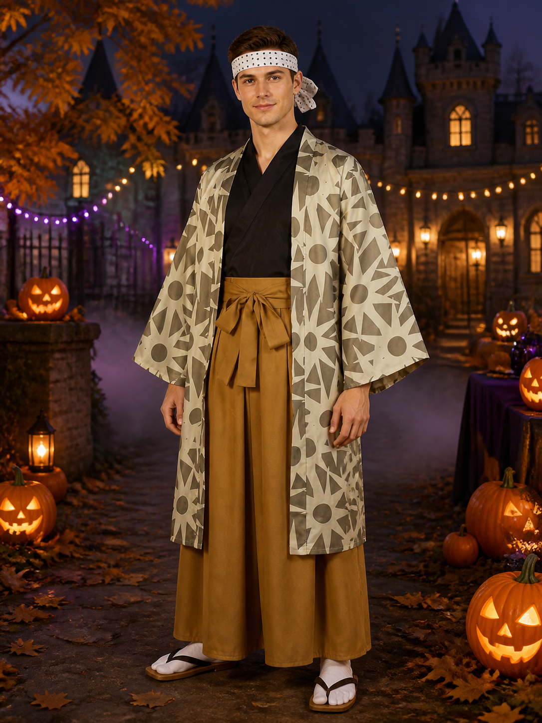 Demon Slayer Haganezuka Cosplay Costume Set with Gray Geometric Jacket and Polka Costumes detail 2