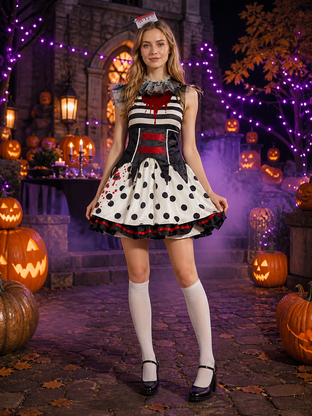 Polka Dot and Striped Clown Halloween Costume Dress with Blood Effect Costume Dresses detail 2