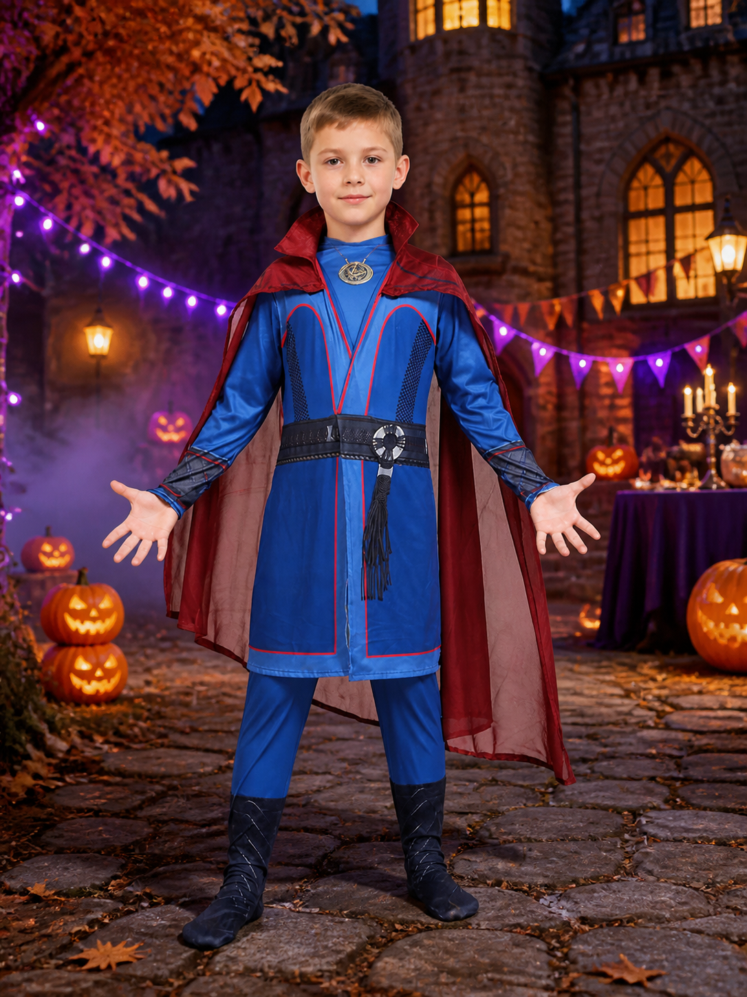Kids Wizard Costume Set with Red Cape and Blue Robe, Halloween Outfit with Belt Costume Capes detail 2