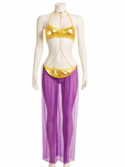 Egyptian Queen Two-Piece Costume Set, Gold Crop Top, Purple Skirt With Chain Costumes detail 2