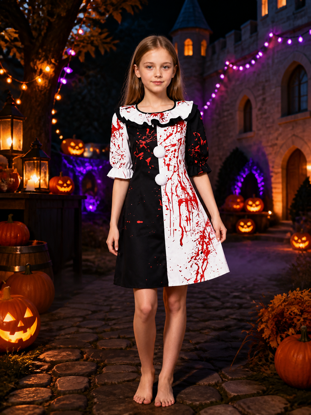 Clown Costume Dress with Blood Splatter Print, Black and White Ruffle on-model Halloween scene view