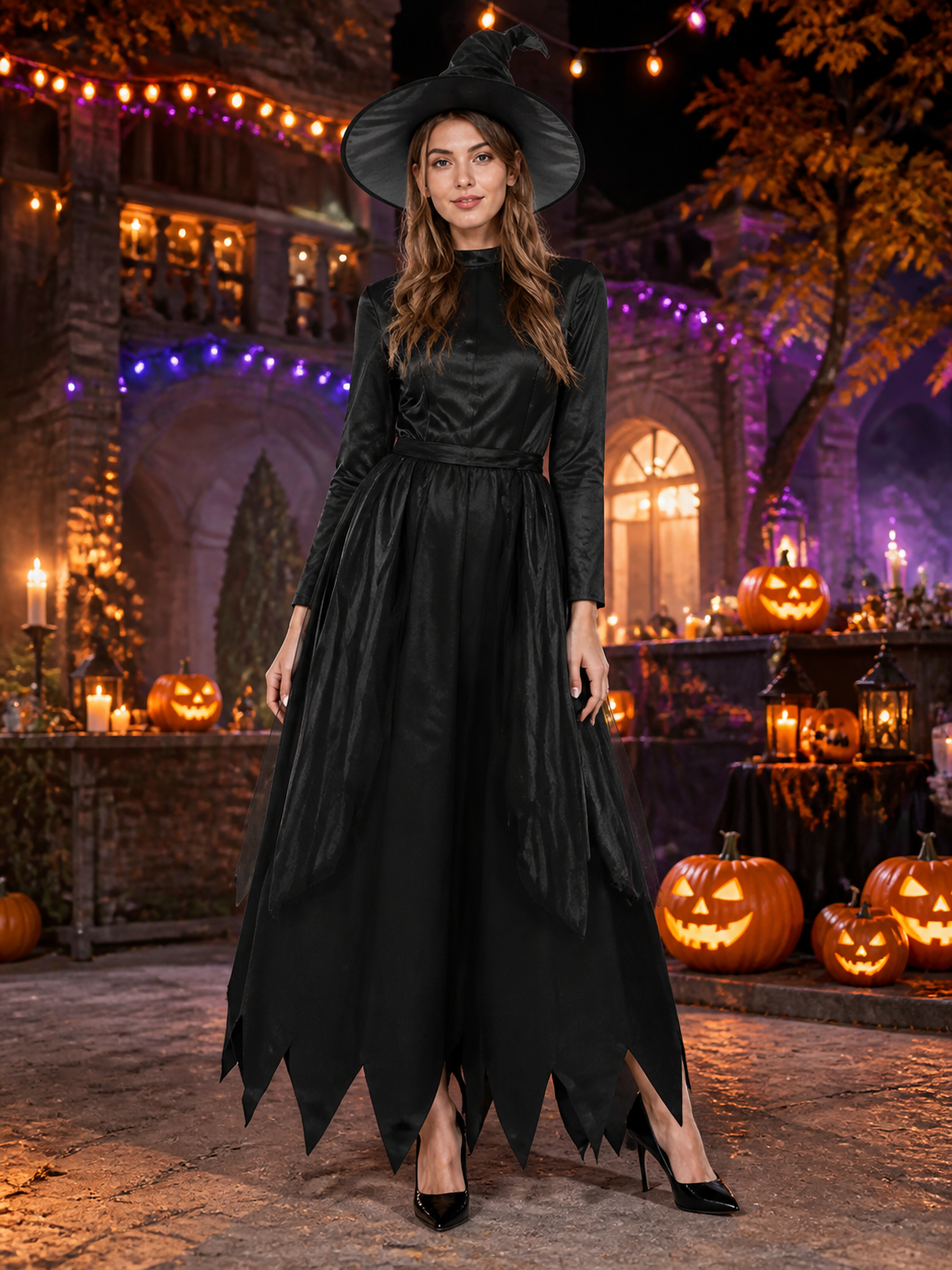 Women's Black Witch Costume Set, Long-Sleeve Dress With Pointed Hat Costume Dresses detail 2