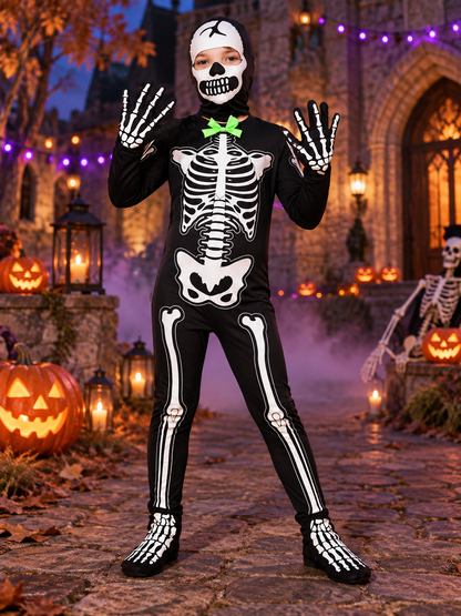 Black Glow-in-the-Dark Skeleton Costume with Skull Mask