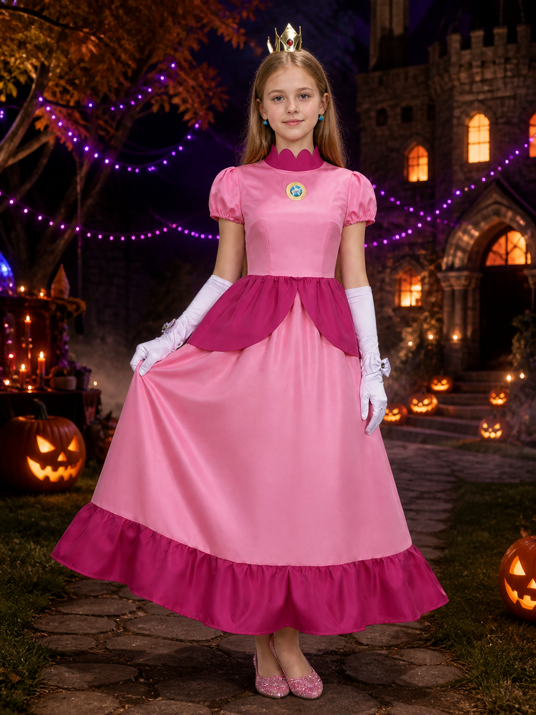 Children's Peach Princess Costume Dress Set with Crown, Gloves, and Brooch on-model Halloween scene view