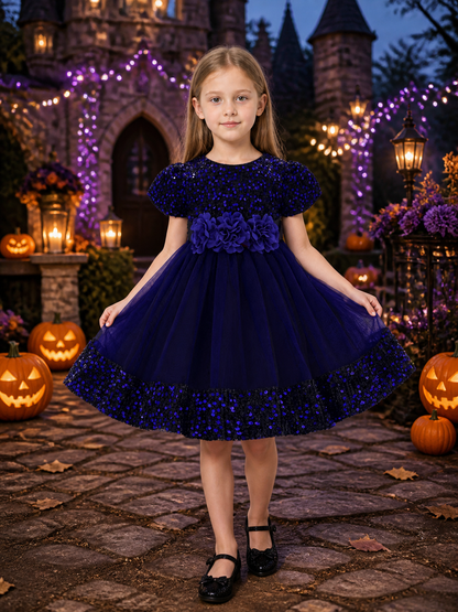 Baby Girls' Princess Dress, Sequined Tulle Puff Sleeve 3D Flower Party Gown Costume Dresses detail 2