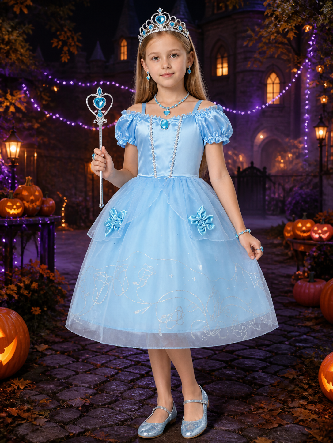 Girls Princess Costume Dress with Crown, Wand & Jewelry Set - Blue Sparkly Costume Dresses detail 2