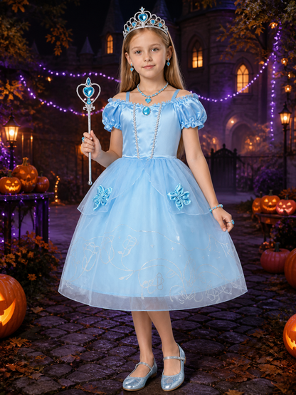 Girls Princess Costume Dress with Crown, Wand & Jewelry Set - Blue Sparkly Costume Dresses detail 2