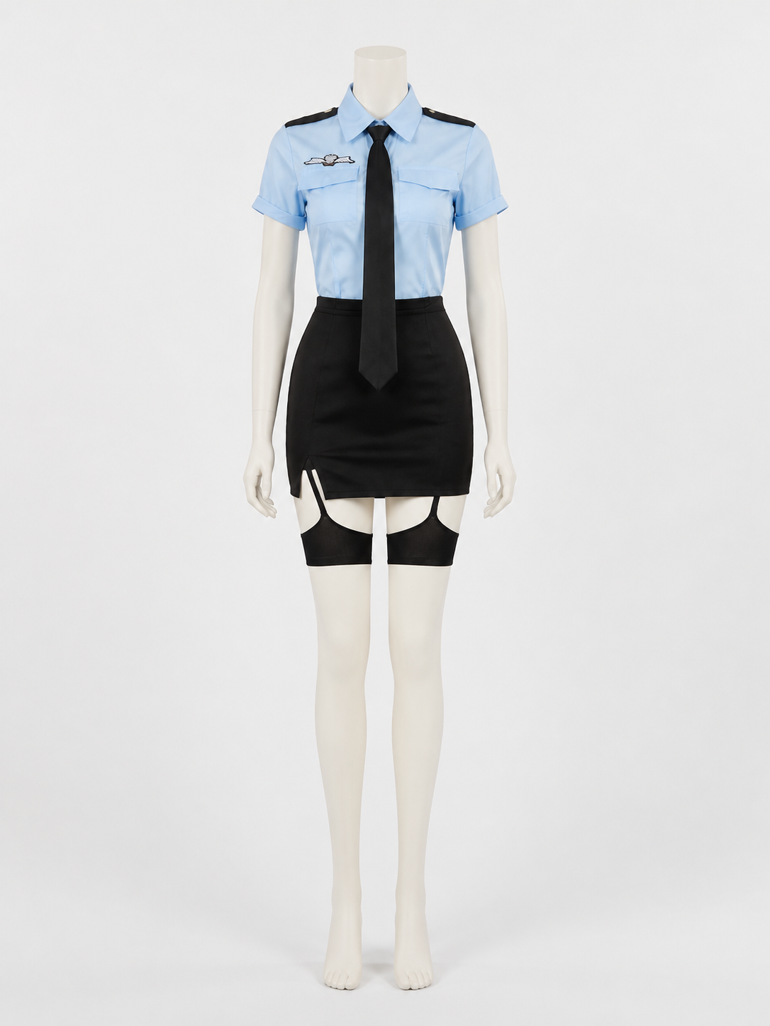 Women's Police Officer Costume Set, Light Blue Short Sleeve Top with Tie and Costumes detail 2