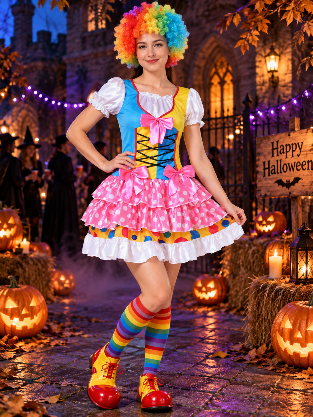 Adult Clown Costume Made of Satin with a Full Skirt and Bows