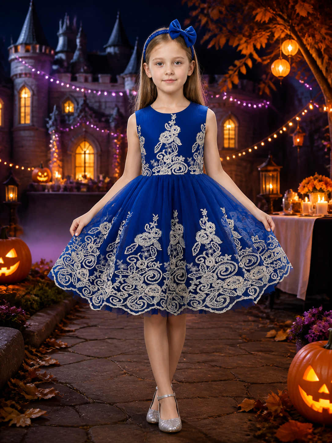 Girls' Blue Princess Dress and Bow Headband Set with Gold Floral Embroidery Costume Dresses detail 2
