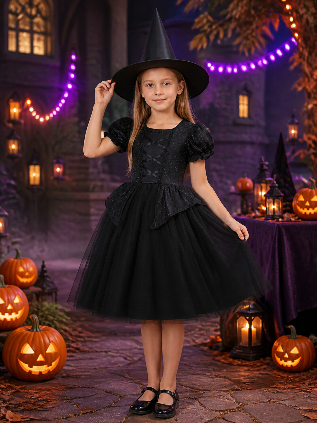 Kids Black Witch Dress with Hat Halloween Costume Set for Girls