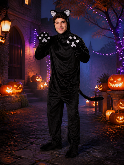 Black Cat Animal Jumpsuit Costume, Cat-Ear Hood, Tail and Paw Print Details Costumes detail 2