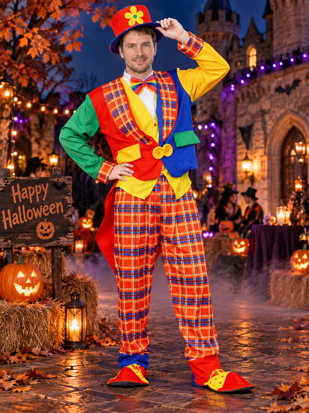 Multicolored Adult Clown Costume with Plaid Pattern