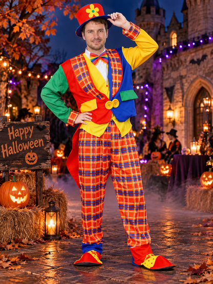 Multicolored Adult Clown Costume with Plaid Pattern