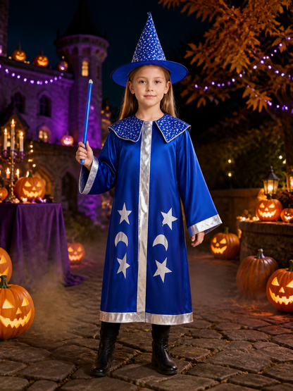 Blue Wizard Costume Set with Star and Moon Cloak and Pointed Hat Costume Capes detail 2
