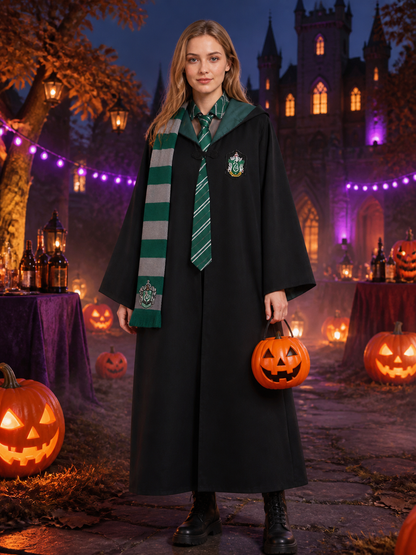 Green Gray Striped Wizard Cloak Costume Set with Hooded Robe, Scarf, and Tie Costume Capes detail 2