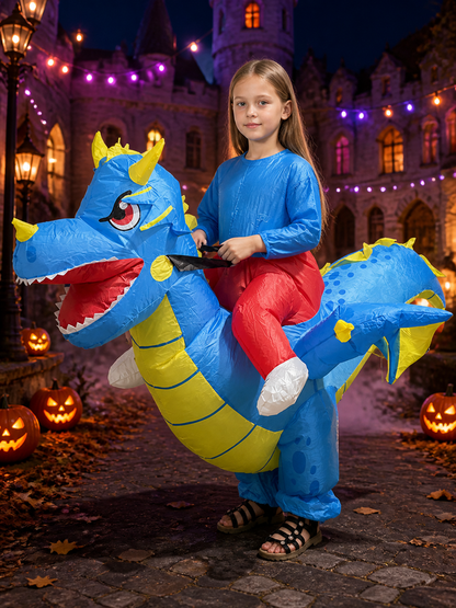 Blue Riding Dinosaur Inflatable Costume with Yellow Spikes, Halloween Funny Costumes detail 2