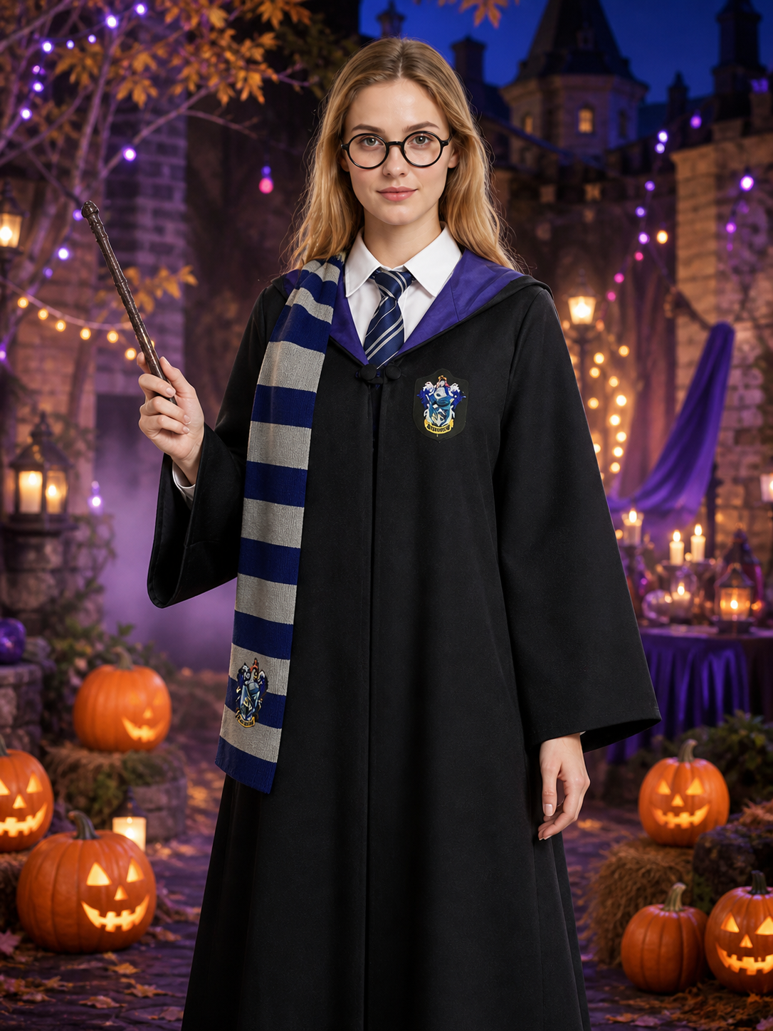 Long Black Hooded Wizard Robe Halloween Costume Set with White Shirt, Striped Costumes detail 2