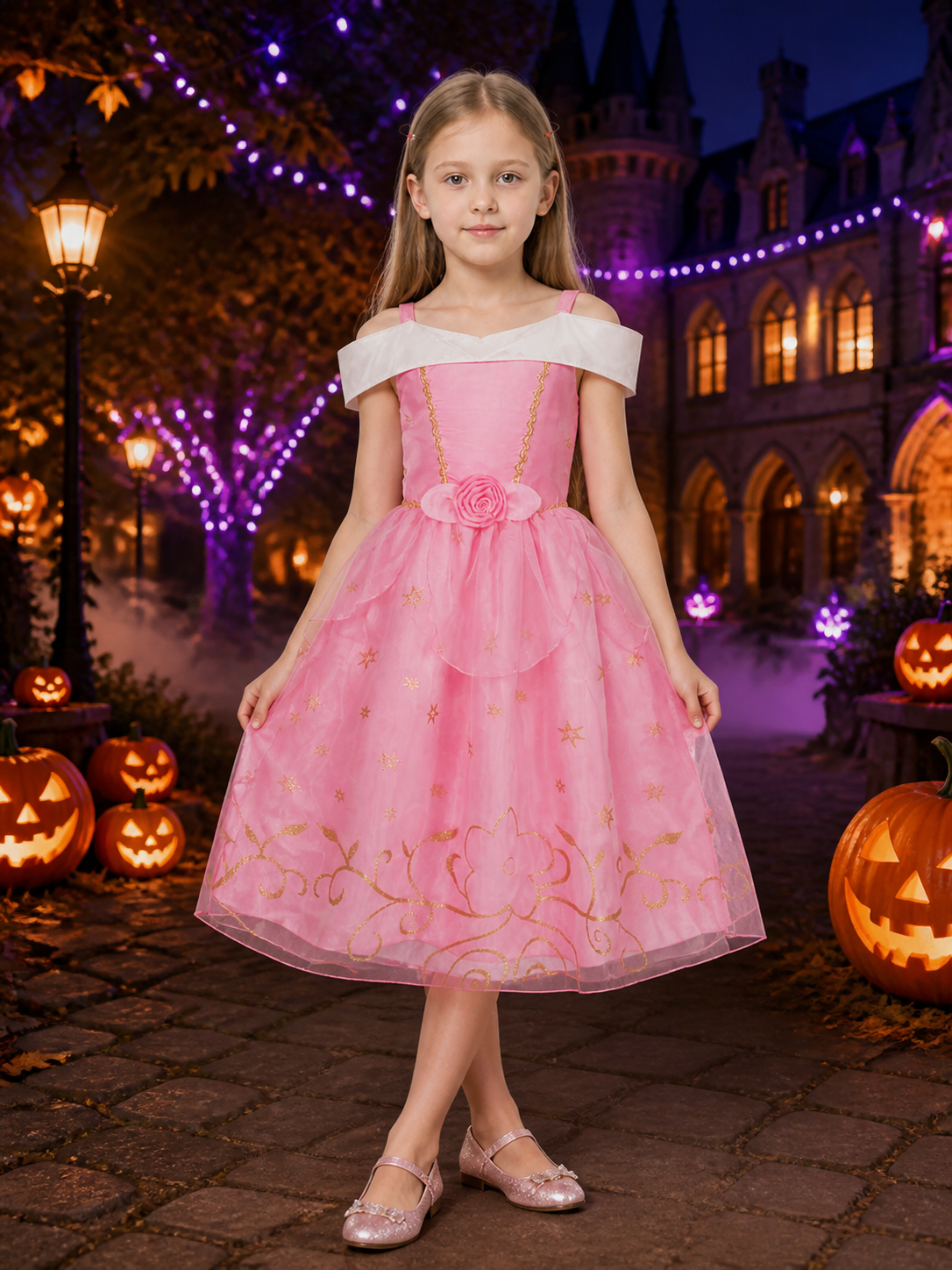 Girls Pink Princess Halloween Costume Dress With Gold Star And Floral Details Costume Dresses detail 2