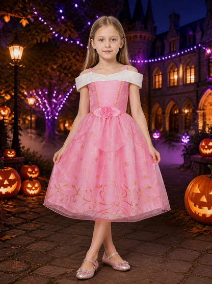 Girls Pink Princess Halloween Costume Dress With Gold Star And Floral Details Costume Dresses detail 2