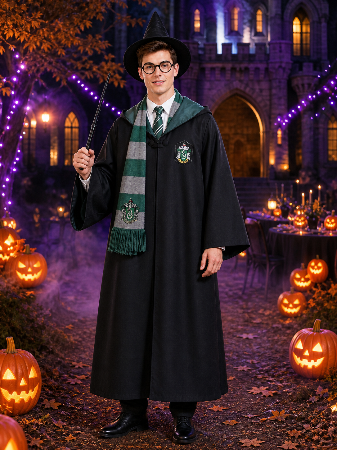 Kids Wizard Robe Costume Set with Green and Gray Striped Scarf, Hat, Glasses Costume Headwear detail 2