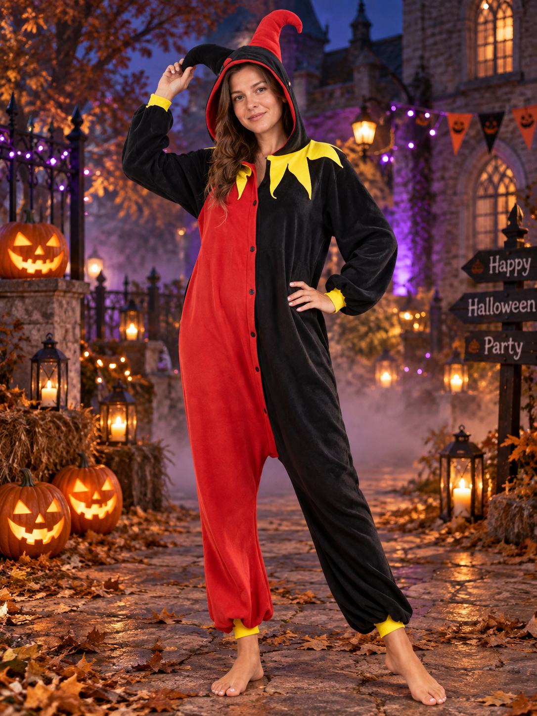 Red and black jester costume with yellow collar