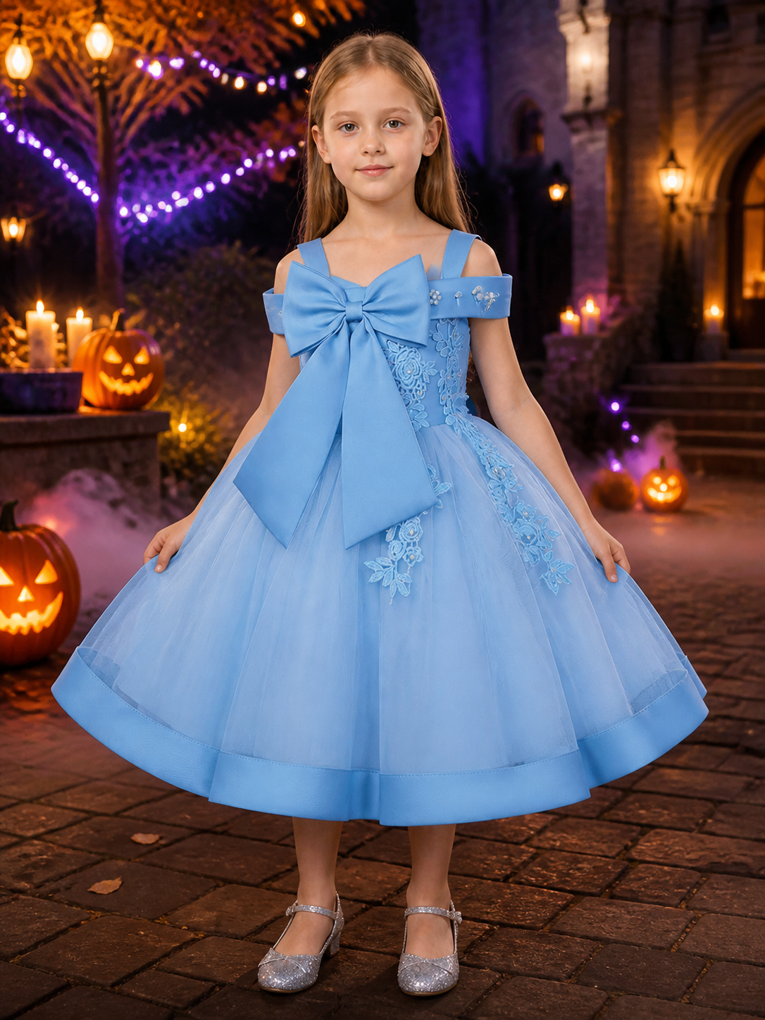Baby Girls' Sky Blue Princess Dress with Beaded Floral Embroidery and Tulle Costume Dresses detail 2
