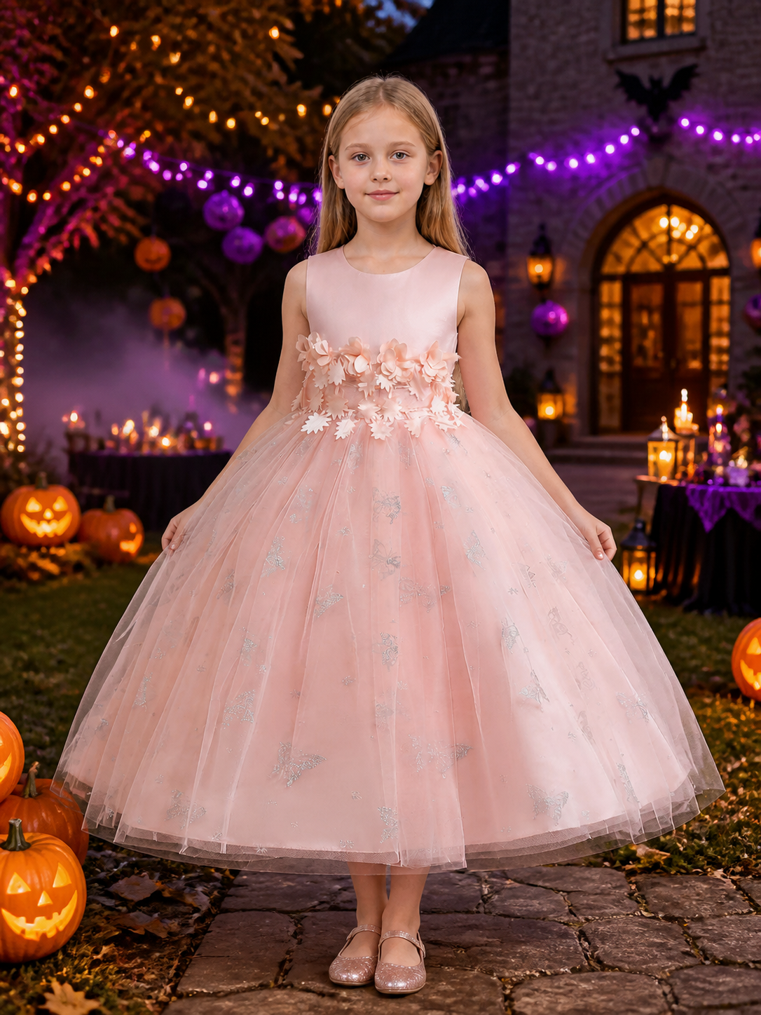 Girls' Pink Princess Flower Girl Dress With Layered Tulle Skirt And Butterfly Costume Dresses detail 2