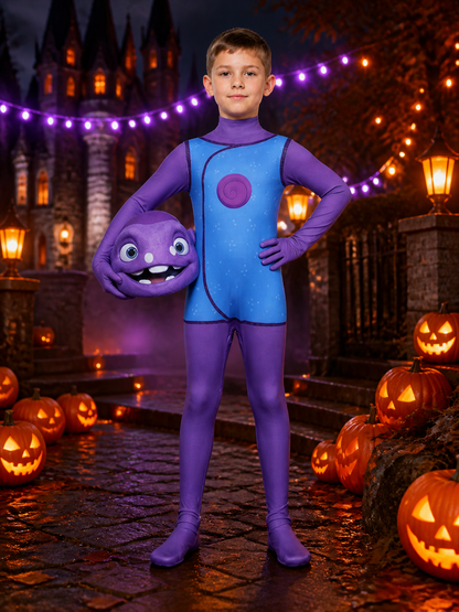 Kids Alien Onesie Costume with Mask, Purple Blue Polka Dot Print Bodysuit for