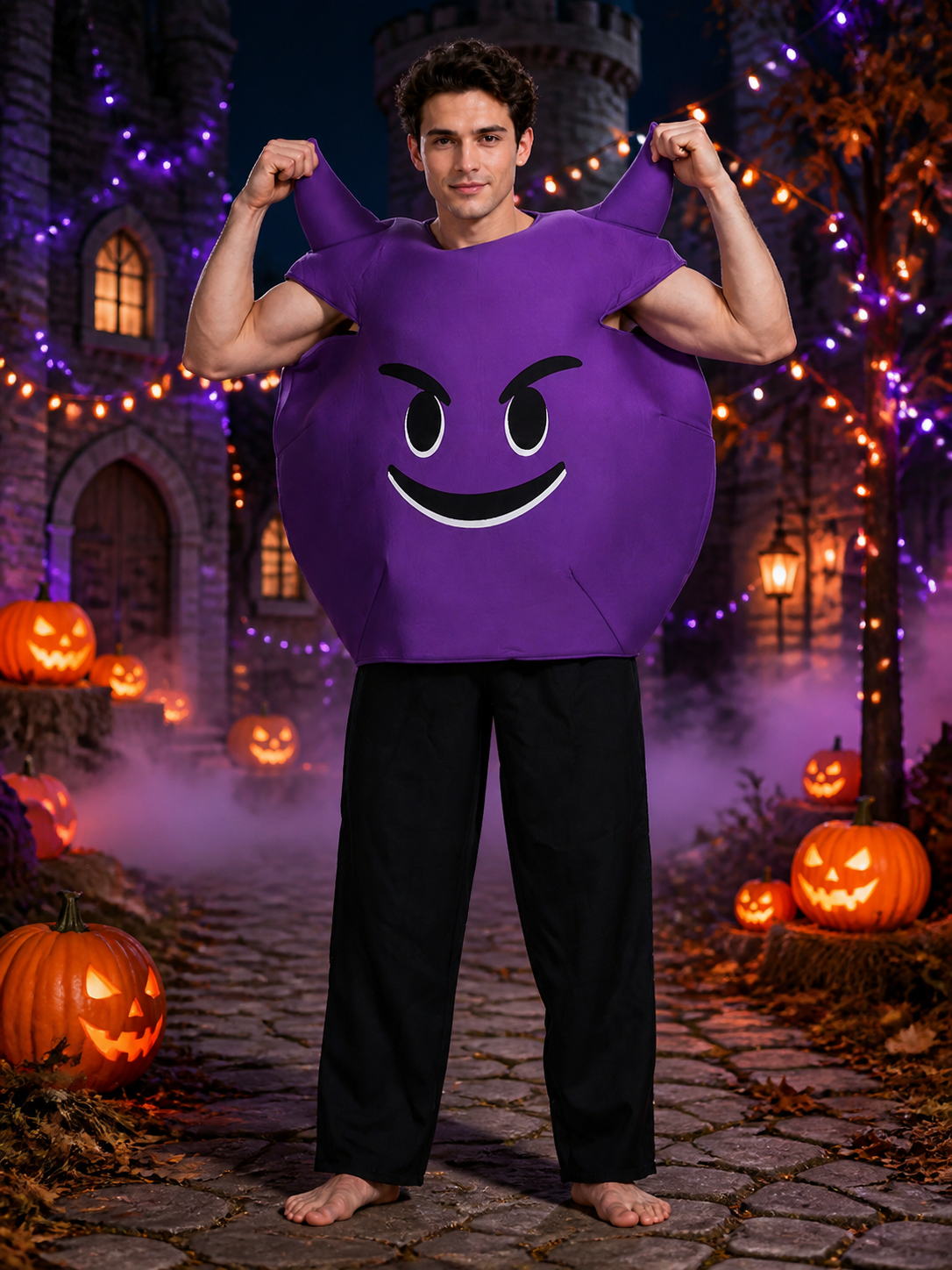 Inflatable Purple Eggplant Costume with Cartoon Face, Halloween Party Outfit Costumes detail 2