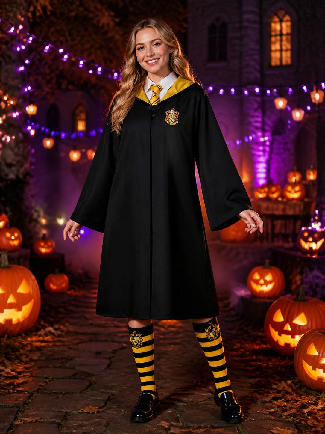 Wizard School Uniform Costume Set, Long Hooded Black Robe with Black-Yellow Costumes detail 2