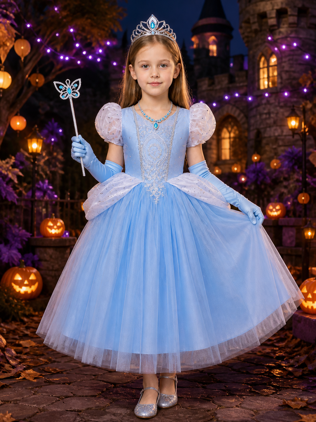 Girls Cinderella Princess Dress Costume, Layered Tulle Ball Gown with Crown Wand Costume Dresses detail 2