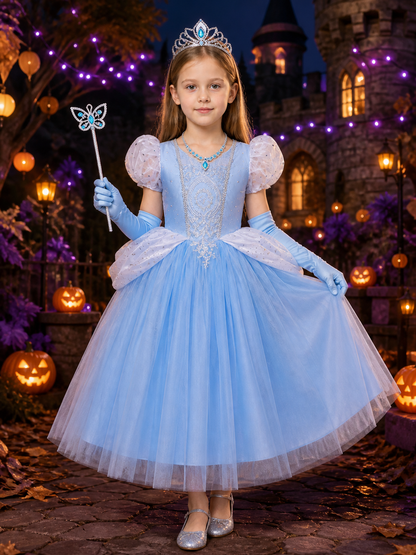 Girls Cinderella Princess Dress Costume, Layered Tulle Ball Gown with Crown Wand Costume Dresses detail 2