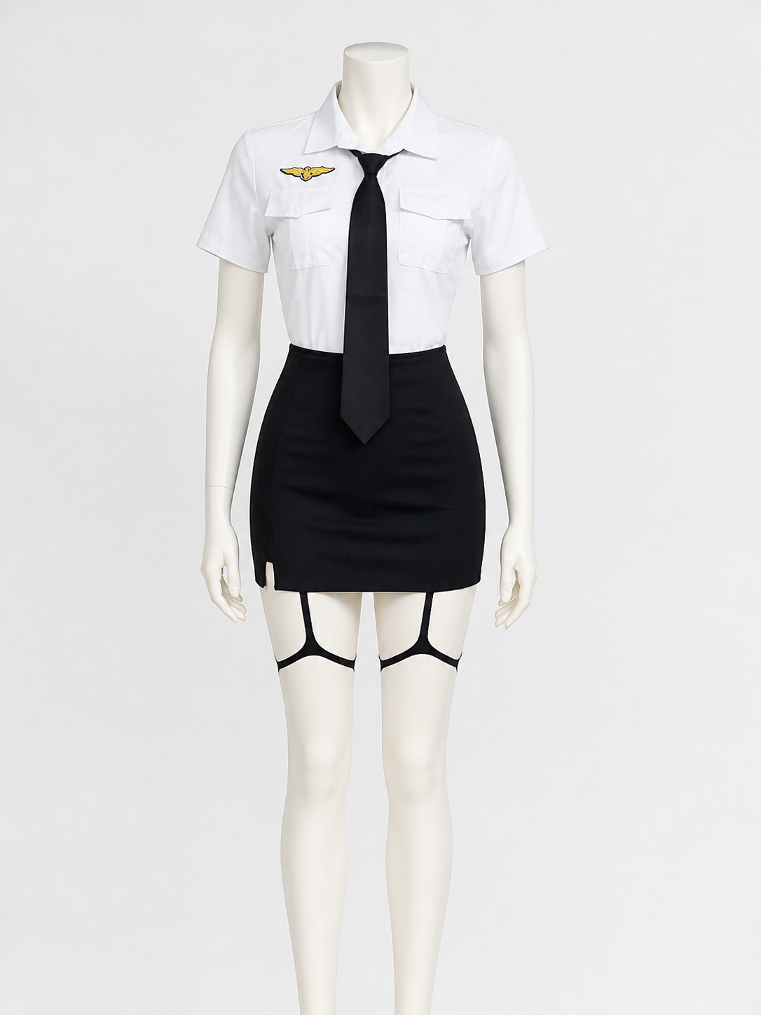 Women's Police Officer Costume Set, White Short Sleeve Uniform with Black Skirt Costumes detail 2