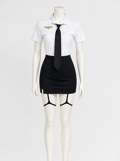 Women's Police Officer Costume Set, White Short Sleeve Uniform with Black Skirt Costumes detail 2