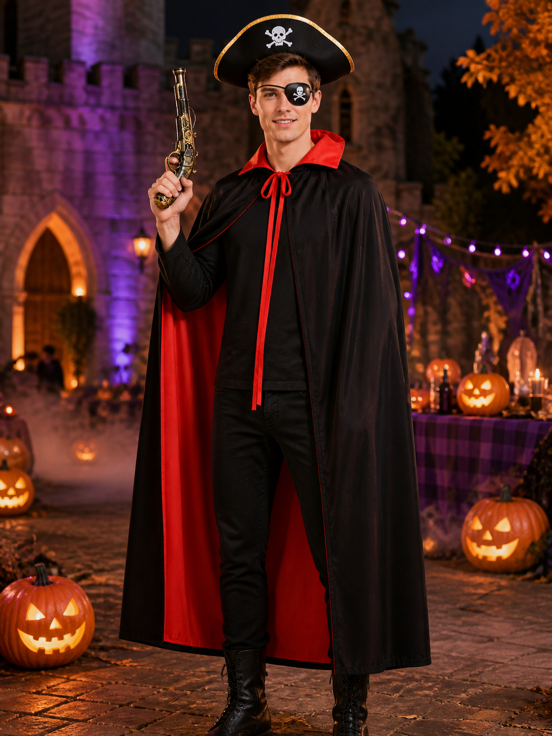 Pirate Costume Set, Black Red Double-Sided Cape with Skull Hat, Eye Patch and Costume Capes detail 2