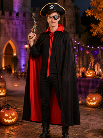 Pirate Costume Set, Black Red Double-Sided Cape with Skull Hat, Eye Patch and Costume Capes detail 2