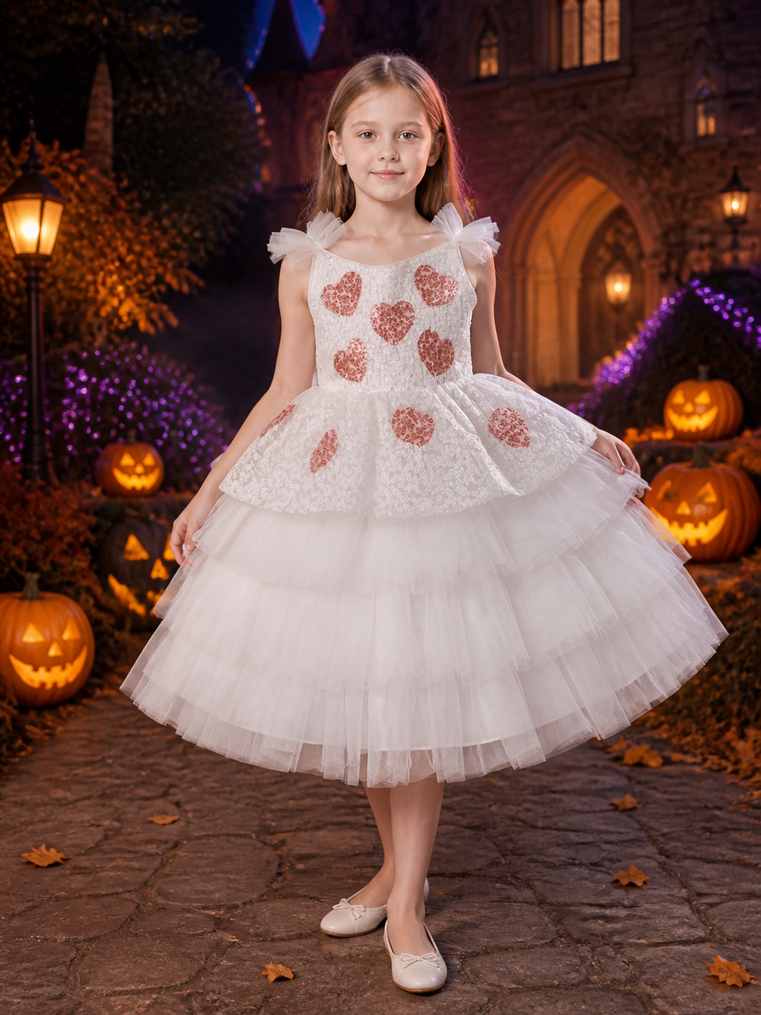 Toddler Girls' Princess Dress, White Layered Tulle Gown With Heart Sequins Costume Dresses detail 2