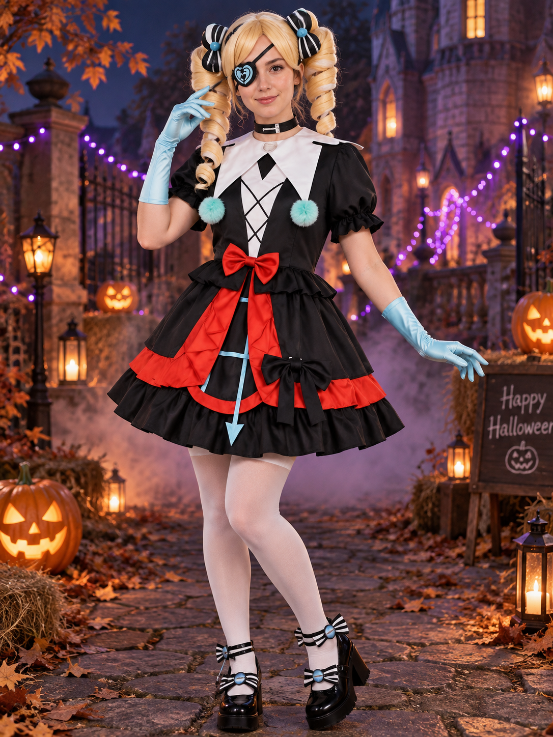 Cosplay costume with a white cape, black dress, and bows