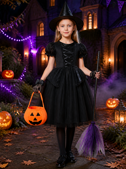 Girls' Witch Costume Set, Black Dress with Hat, Broom, Pumpkin Bag and Tights Costume Dresses detail 2