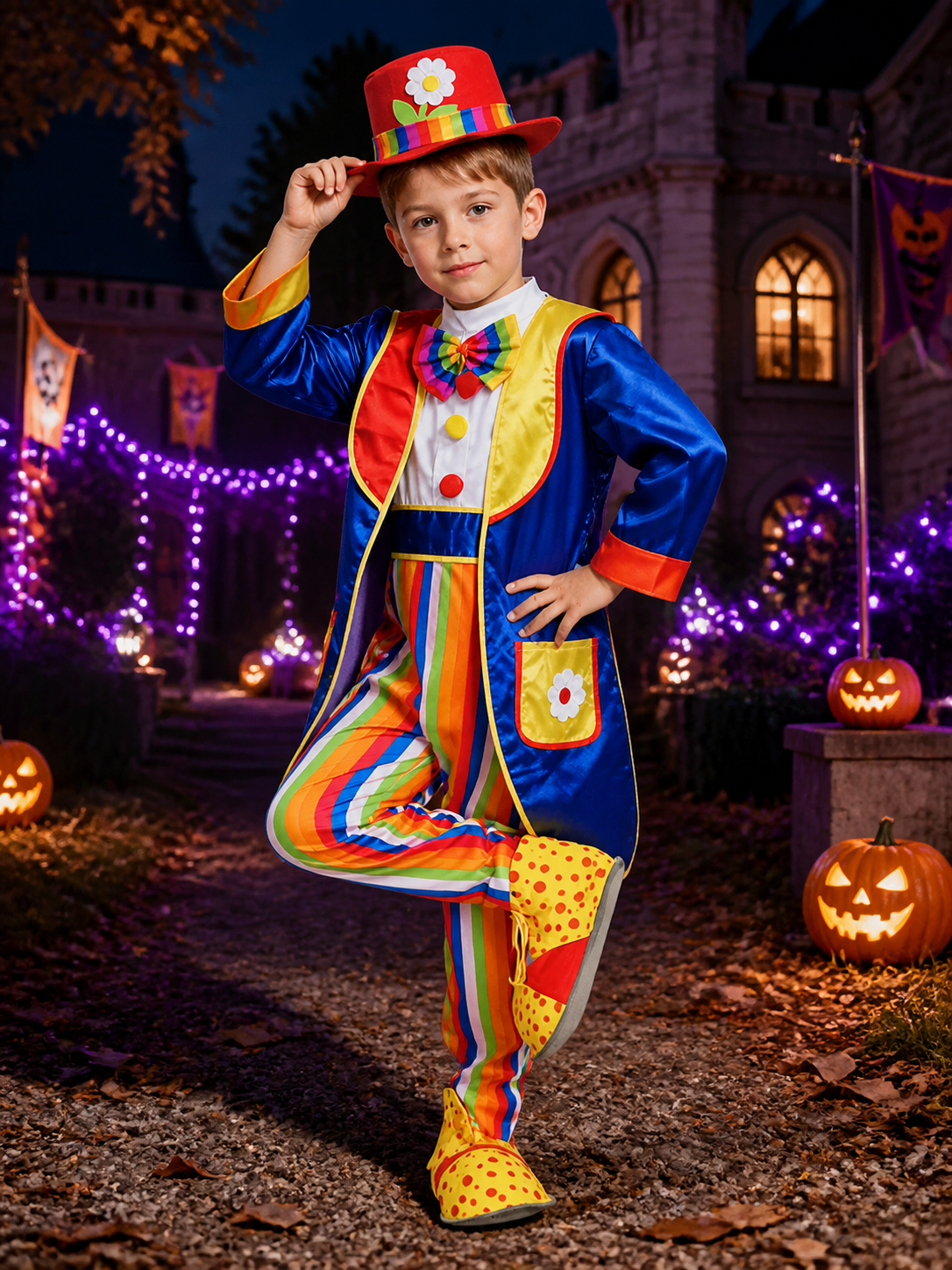 Kids' Colorful Clown Circus Costume Set with Bodysuit, Jacket, Hat and Bow Tie Costume Headwear detail 2
