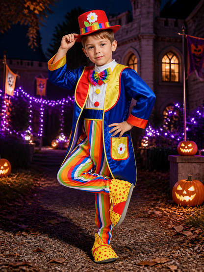 Kids' Colorful Clown Circus Costume Set with Bodysuit, Jacket, Hat and Bow Tie Costume Headwear detail 2