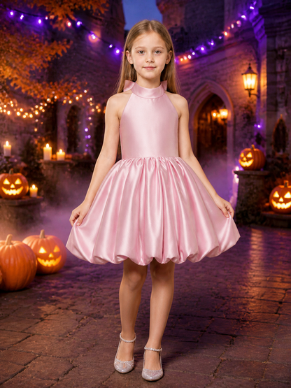 Girls' Pink Satin Halter Princess Dress, Sleeveless Bow Puffy Skirt, Sizes 4Y-8Y Costume Dresses detail 2